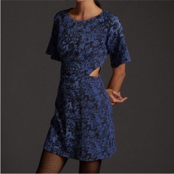 BY ANTHROPOLOGIE | NEW Blue & Black Jacquard Dress with Cutouts Women’s Size 6 - Picture 1 of 15